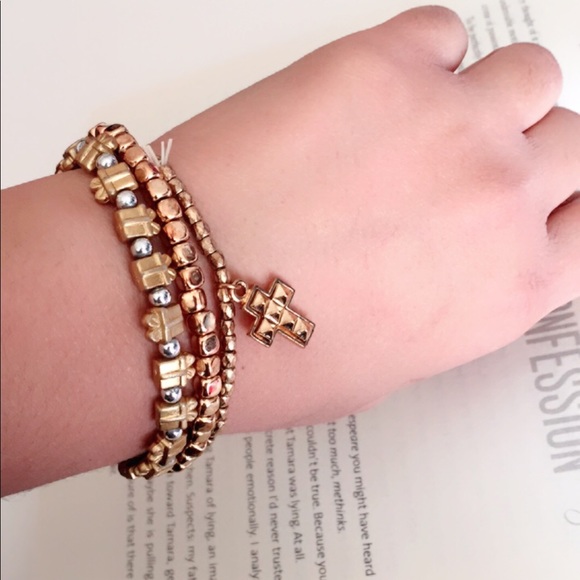 #A198 Gold Seed beads Bracelet Set Cross Charm - Picture 2 of 5